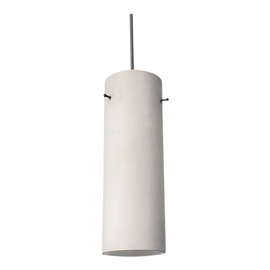 Mid-Century Modern Frosted Glass Cylinder Pendant: Minimal, Mid-Century Modern, frosted glass cylinder pendant is newly wired with 36" of blue cloth cord to accept up to a 75 watt tubular bulb. Condition: Alterations: Restored Imperfections: Some