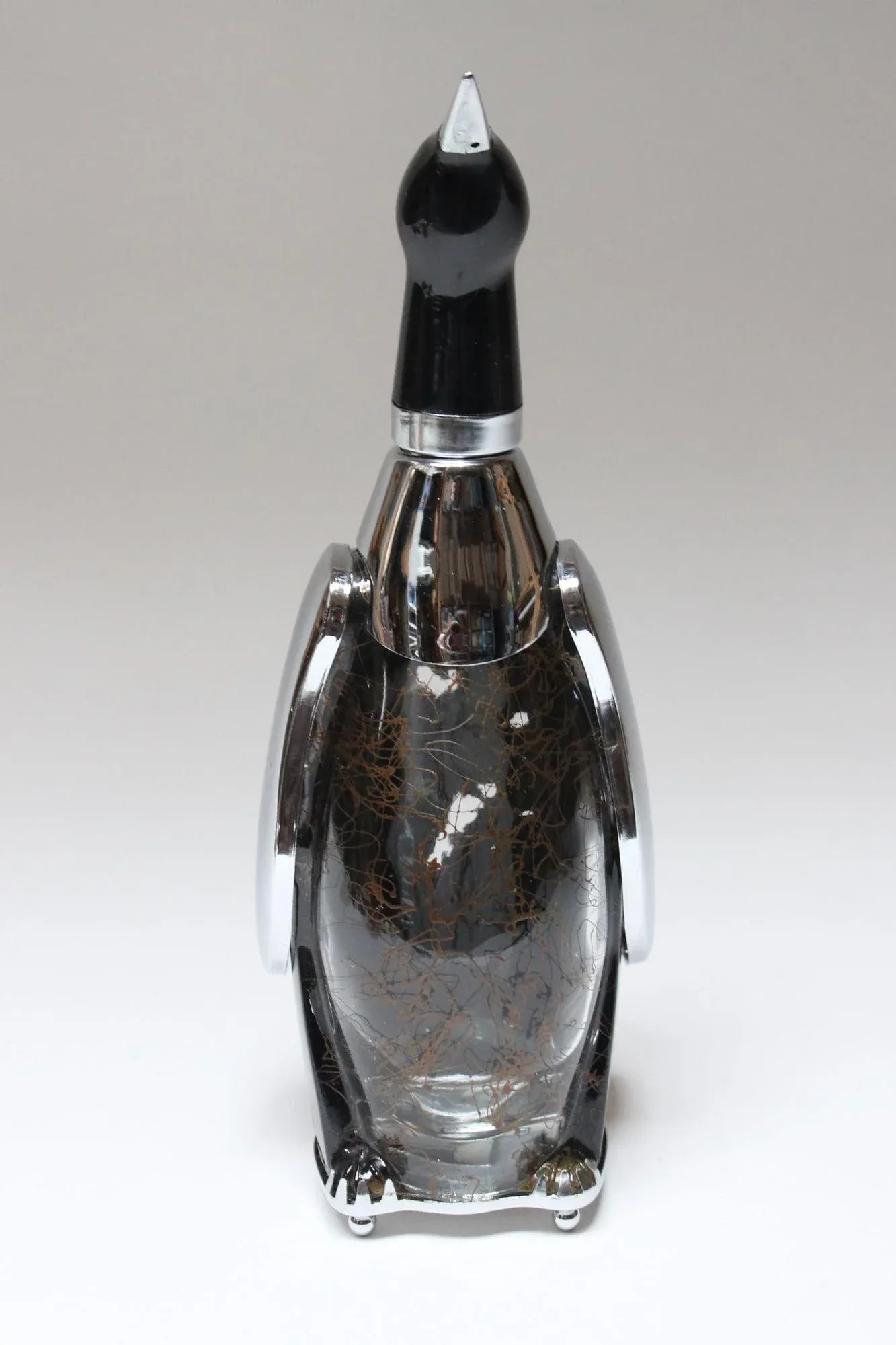 Vintage Japanese Chrome and Etched Glass "Penguin" Decanter and Music Box - 2