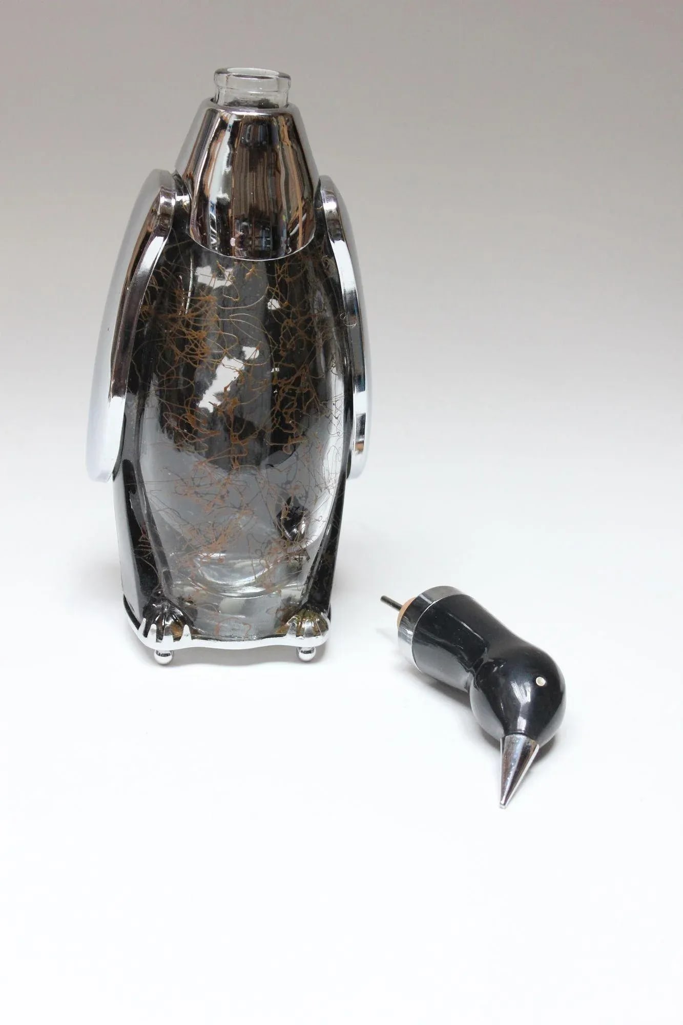 Vintage Japanese Chrome and Etched Glass "Penguin" Decanter and Music Box - 5