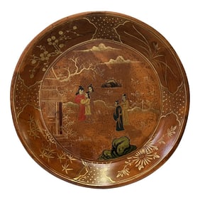 Chinoiseries Golden Graphic Brown Lacquer Round Display Disc Plate Tray