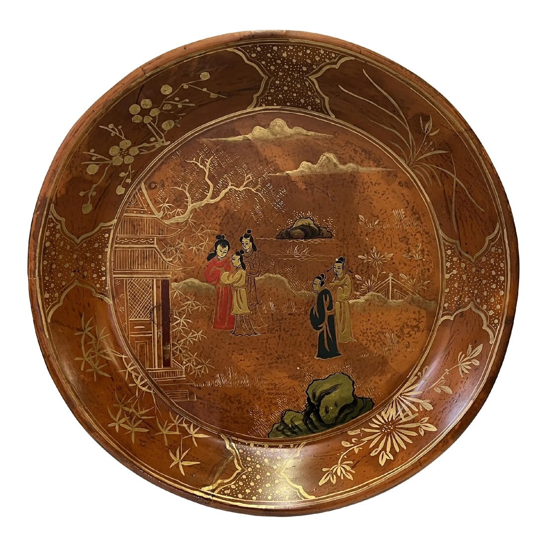 Chinoiseries Golden Graphic Brown Lacquer Round Display Disc Plate Tray: This is a decorative distressed brown lacquer wooden plate tray with traditional Chinese art in a matte golden color. This decorative piece seamlessly blends traditional Chinoiseries design elements