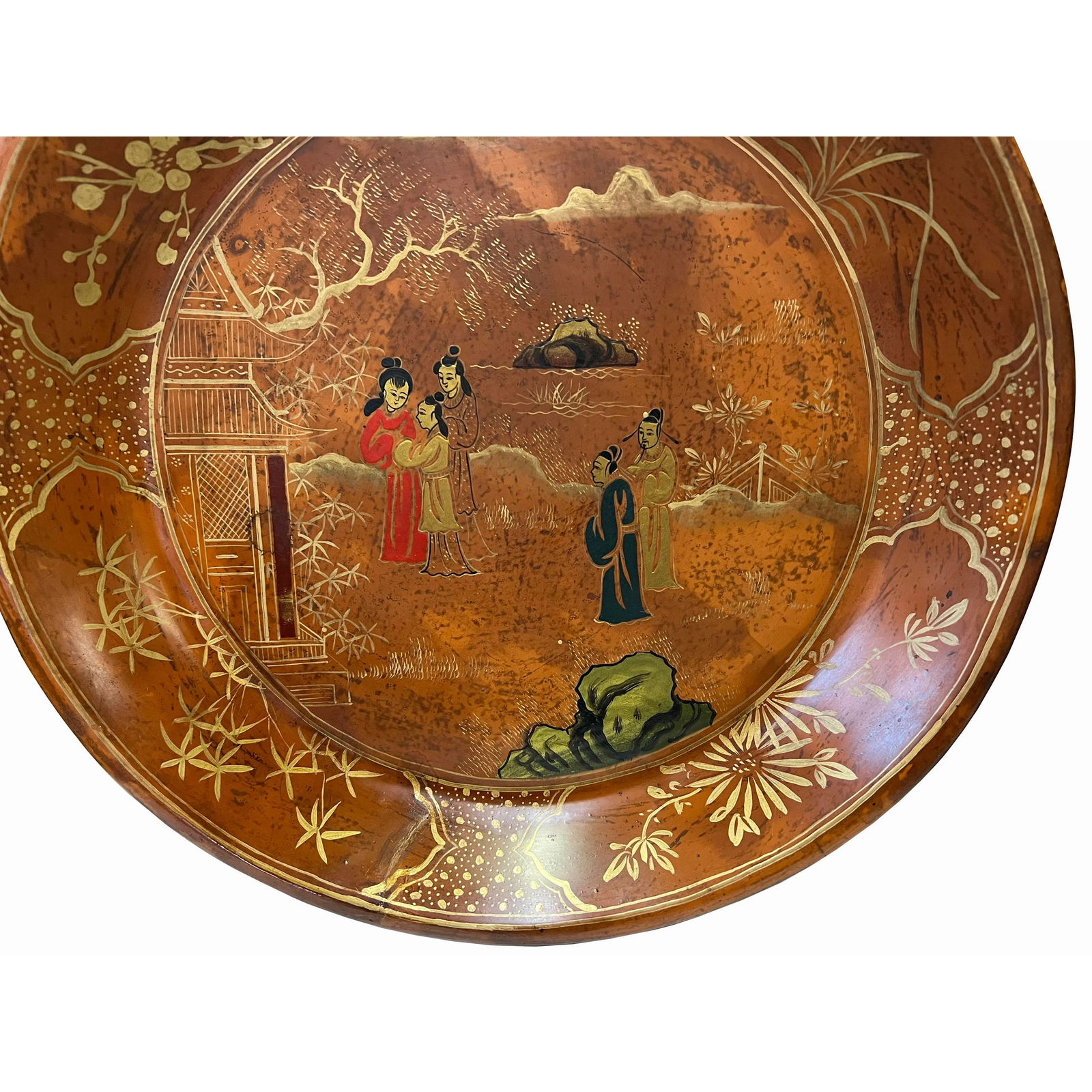 Chinoiseries Golden Graphic Brown Lacquer Round Display Disc Plate Tray - 5