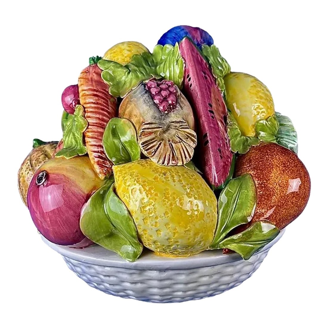Large Vintage Terra Cotta Glazed Della Robbia Ceramic Woven Basket With Fruit Assortment: This Large Vintage Terra Cotta Glazed Della Robbia Woven Basket adorned with a luscious Fruit Assortment is a beautiful piece that captures the essence of abundant harvests. The ceramic depicts a whit