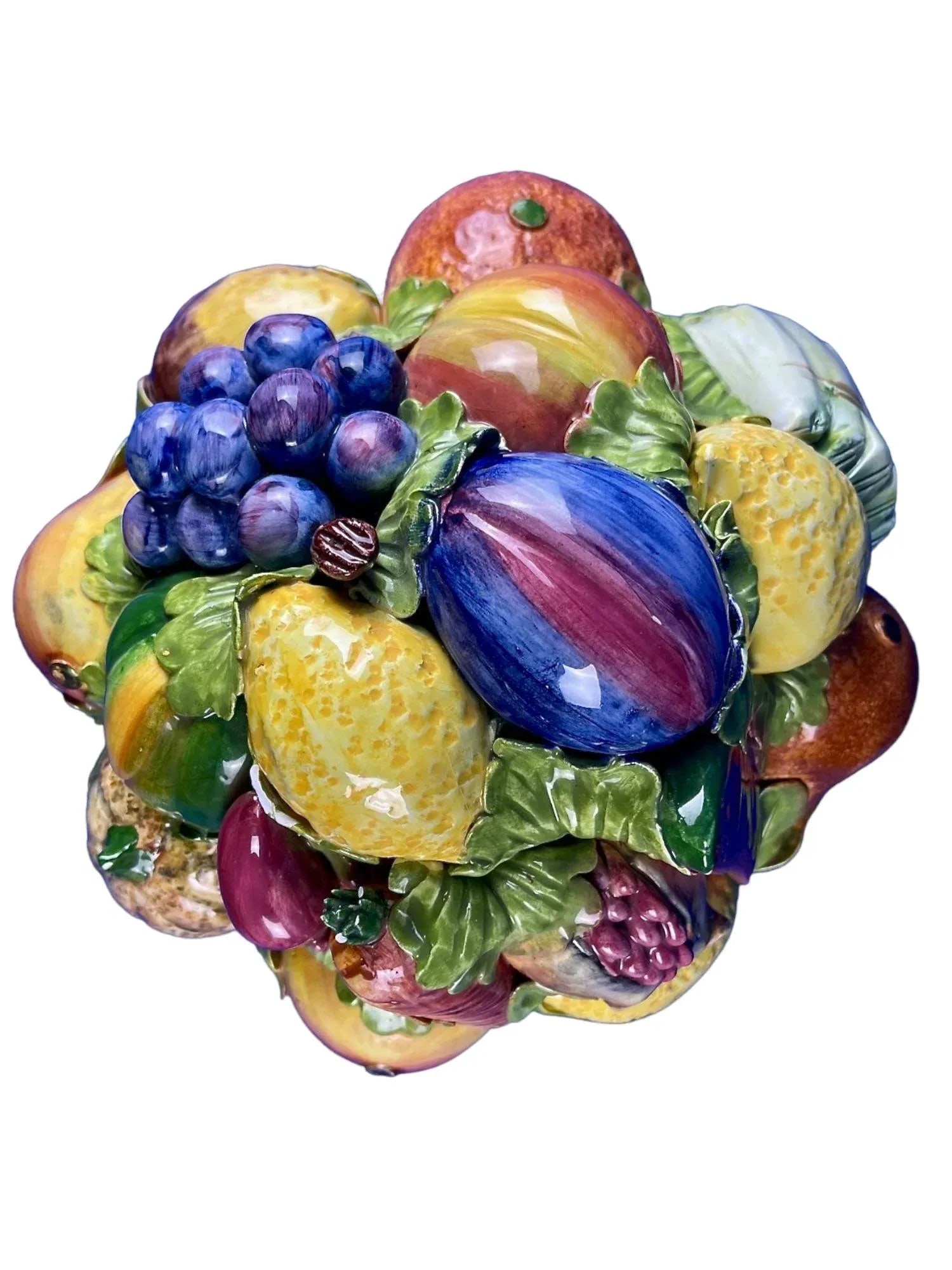 Large Vintage Terra Cotta Glazed Della Robbia Ceramic Woven Basket With Fruit Assortment - 3