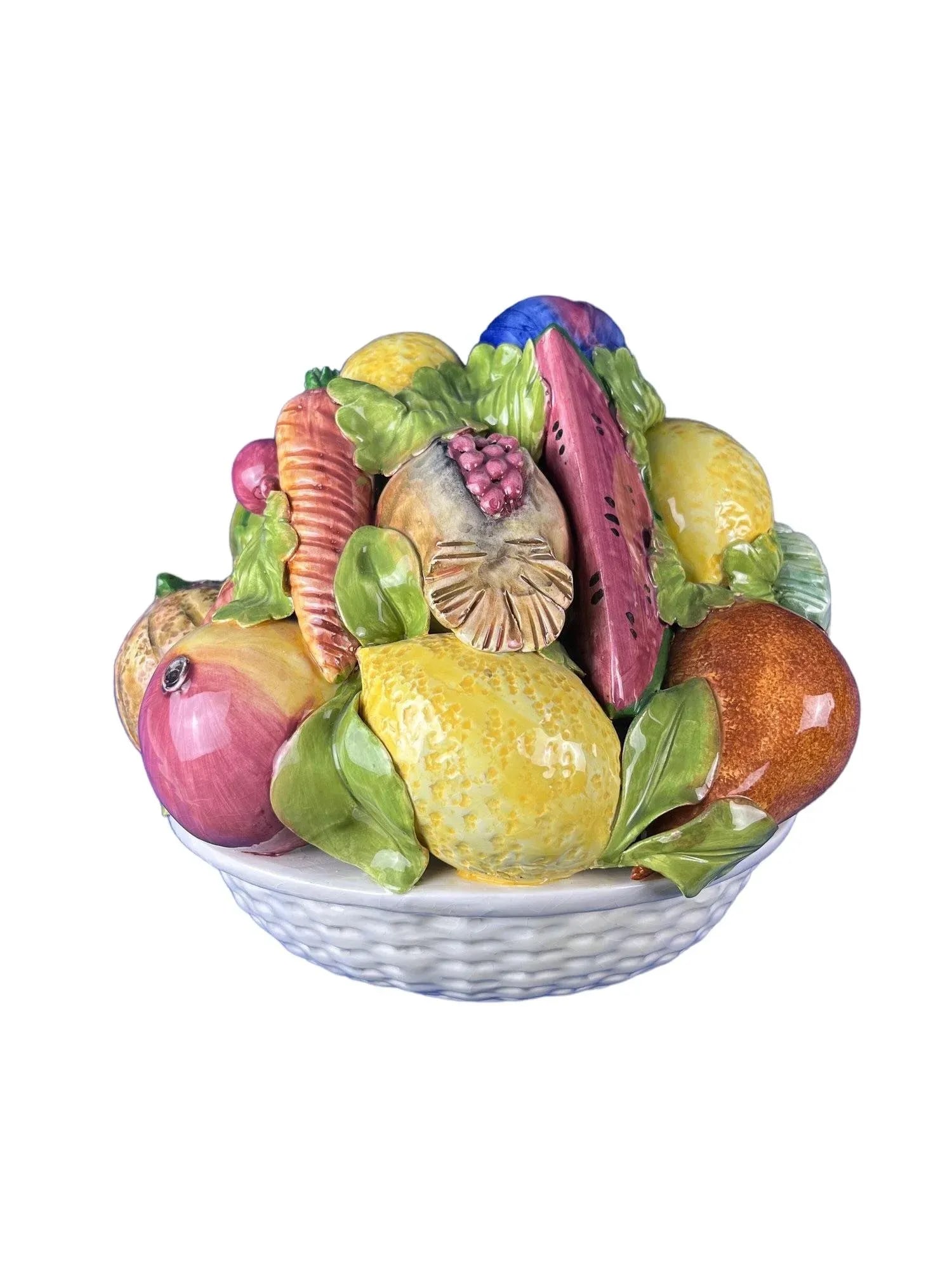 Large Vintage Terra Cotta Glazed Della Robbia Ceramic Woven Basket With Fruit Assortment - 4
