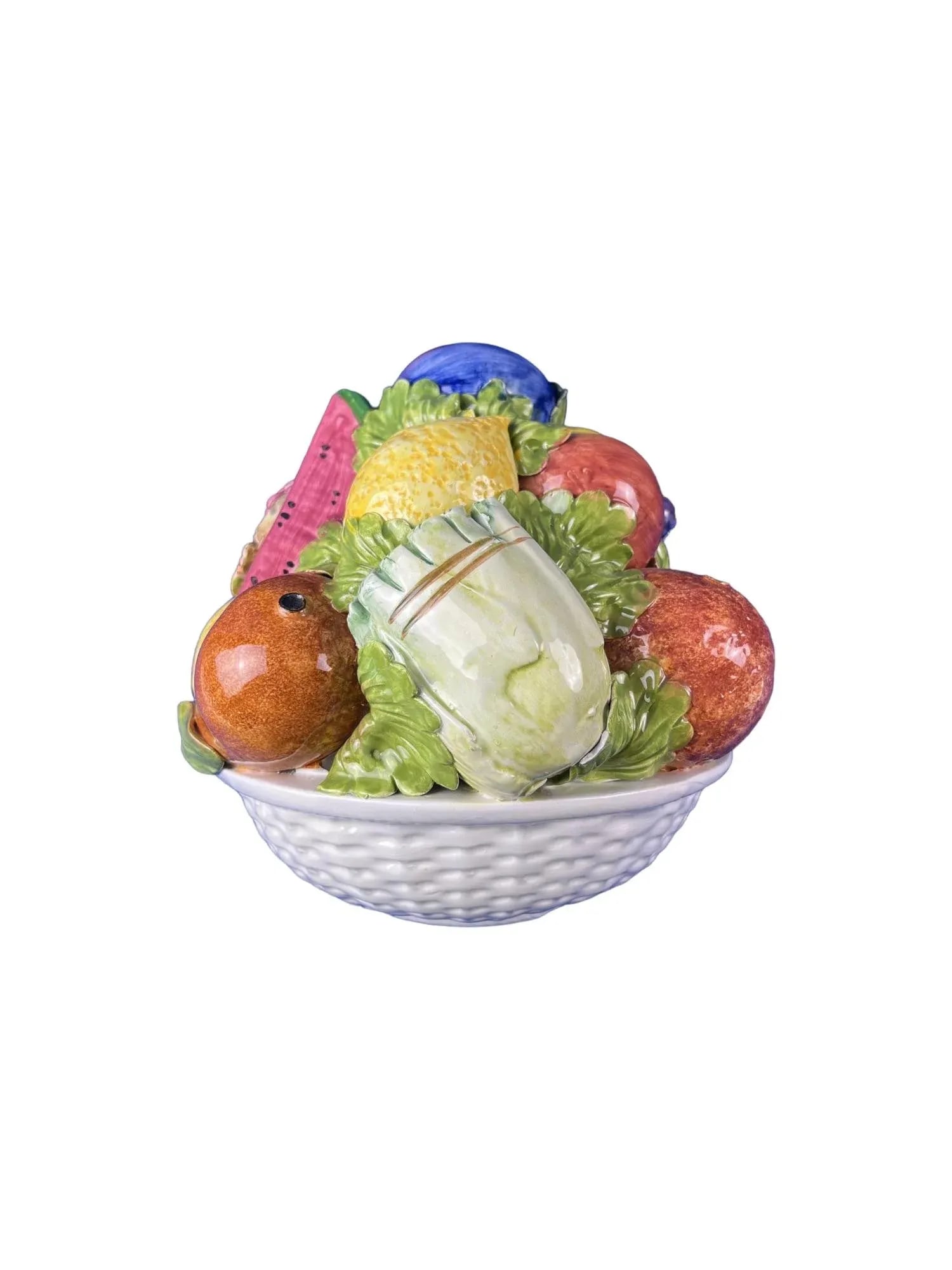 Large Vintage Terra Cotta Glazed Della Robbia Ceramic Woven Basket With Fruit Assortment - 5