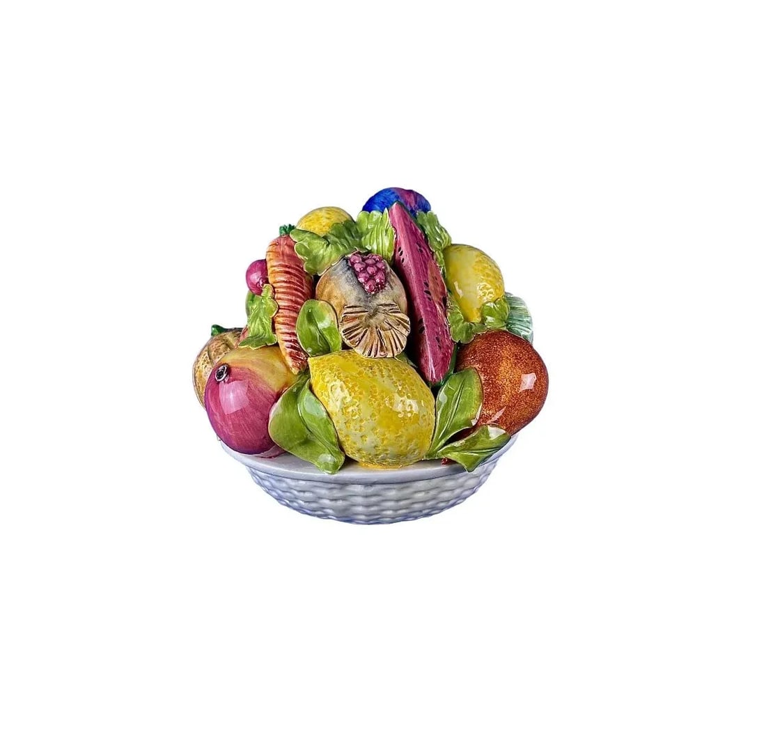 Large Vintage Terra Cotta Glazed Della Robbia Ceramic Woven Basket With Fruit Assortment - 6