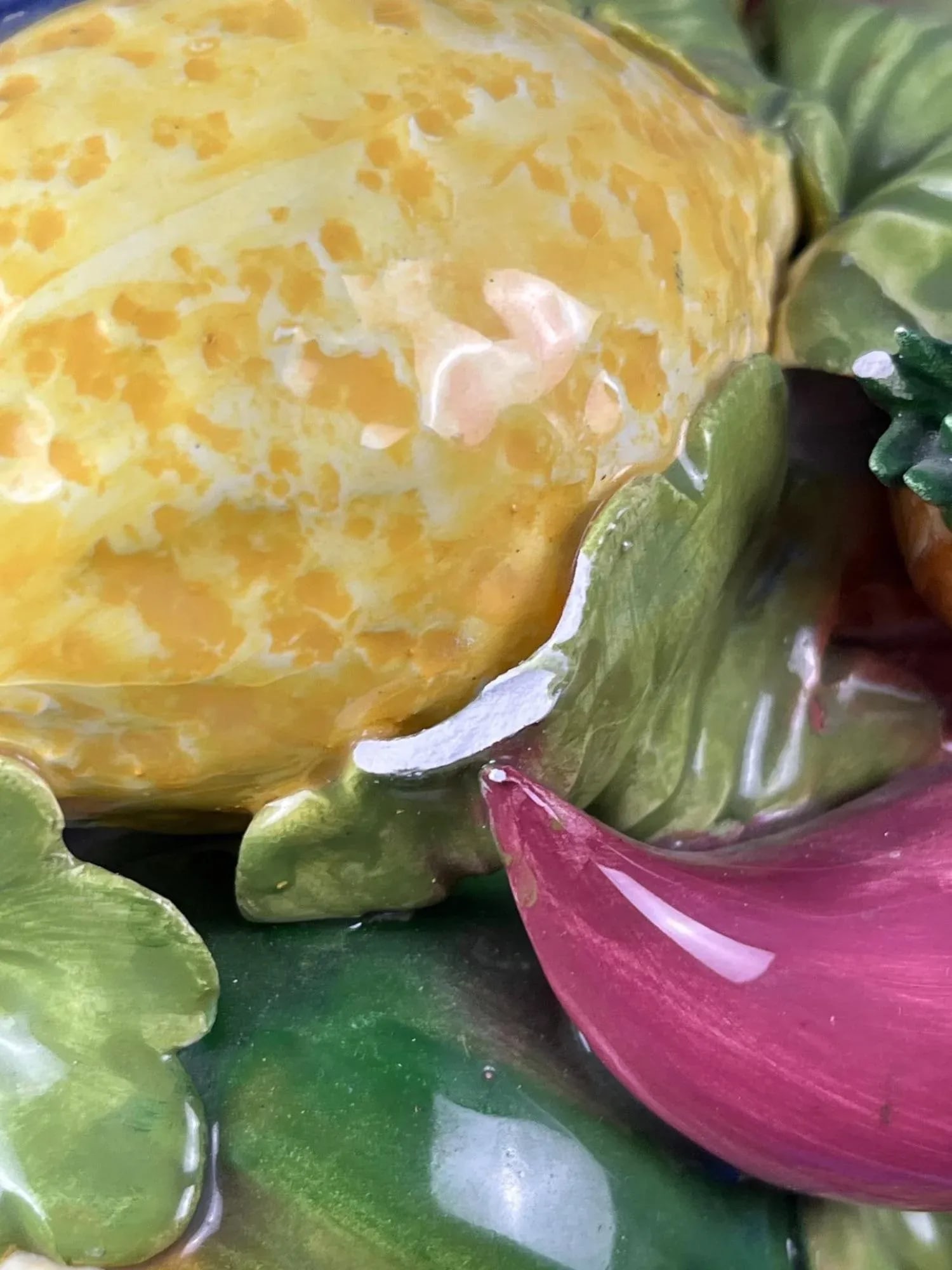 Large Vintage Terra Cotta Glazed Della Robbia Ceramic Woven Basket With Fruit Assortment - 7