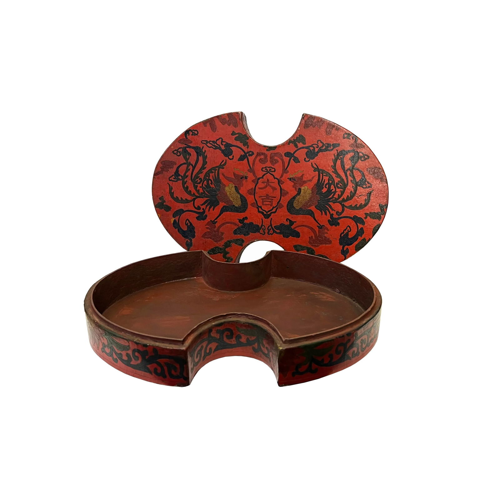 Chinese Distressed Brick Red Phoenix Graphic Oval Shape Box - 2