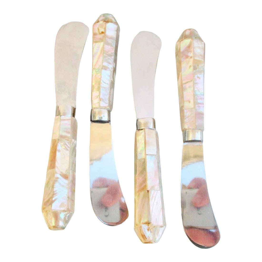 Mid-Century Mother of Pearl Paneled Pate Spreaders, -A Set of 4: Mid-Century Mother of Pearl Paneled Pate Spreaders, -A set of 4. Stainless steel blades, rounded and designed to move soft creamy foods over bread or toast. with handles covered mother of