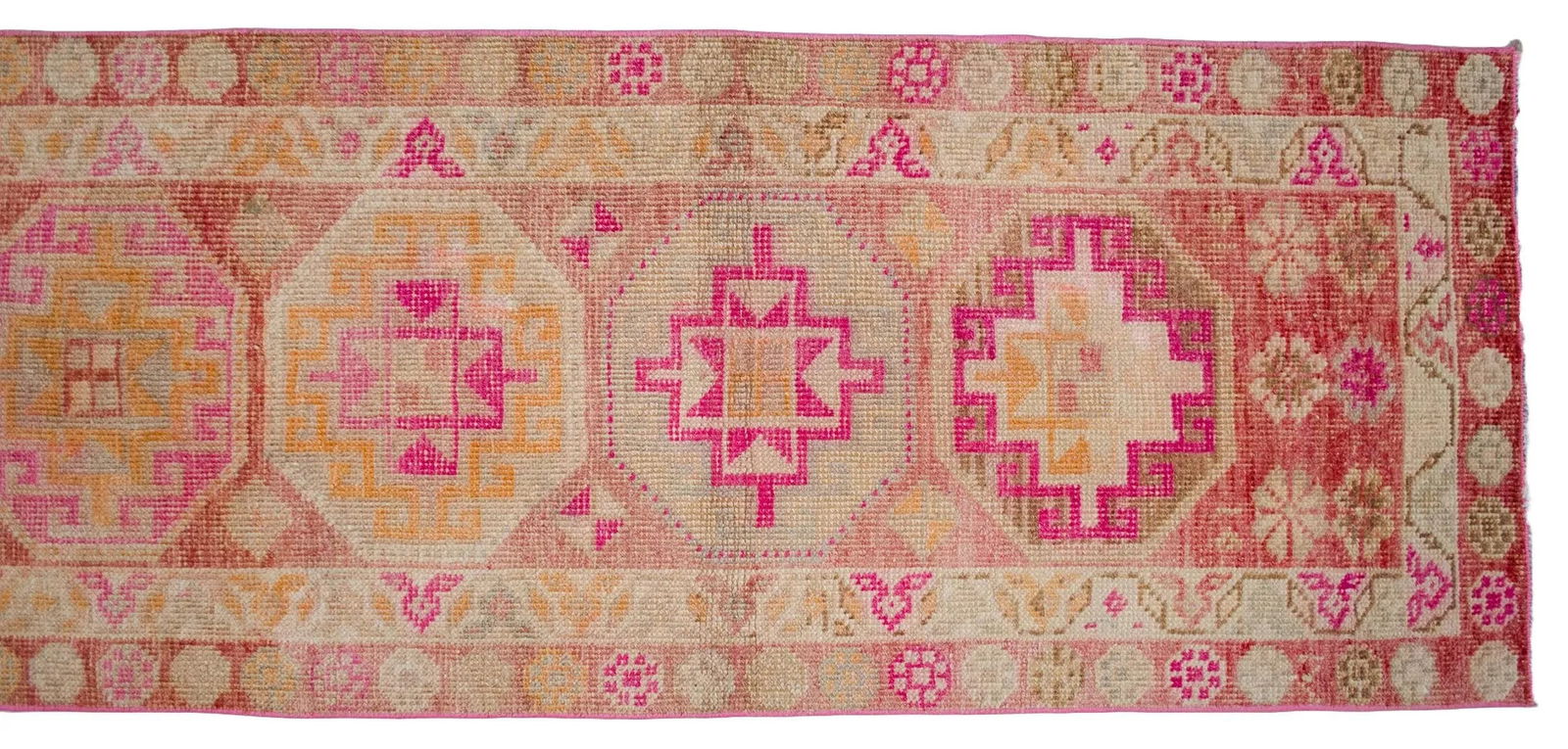 1960s Hand-Knotted Turkish Kurdish Rug Pink Runner. Low Pile Tribal Hallway Rug 2"²3"³ - 10