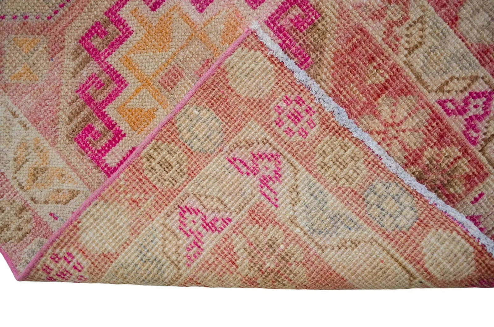 1960s Hand-Knotted Turkish Kurdish Rug Pink Runner. Low Pile Tribal Hallway Rug 2"²3"³ - 12