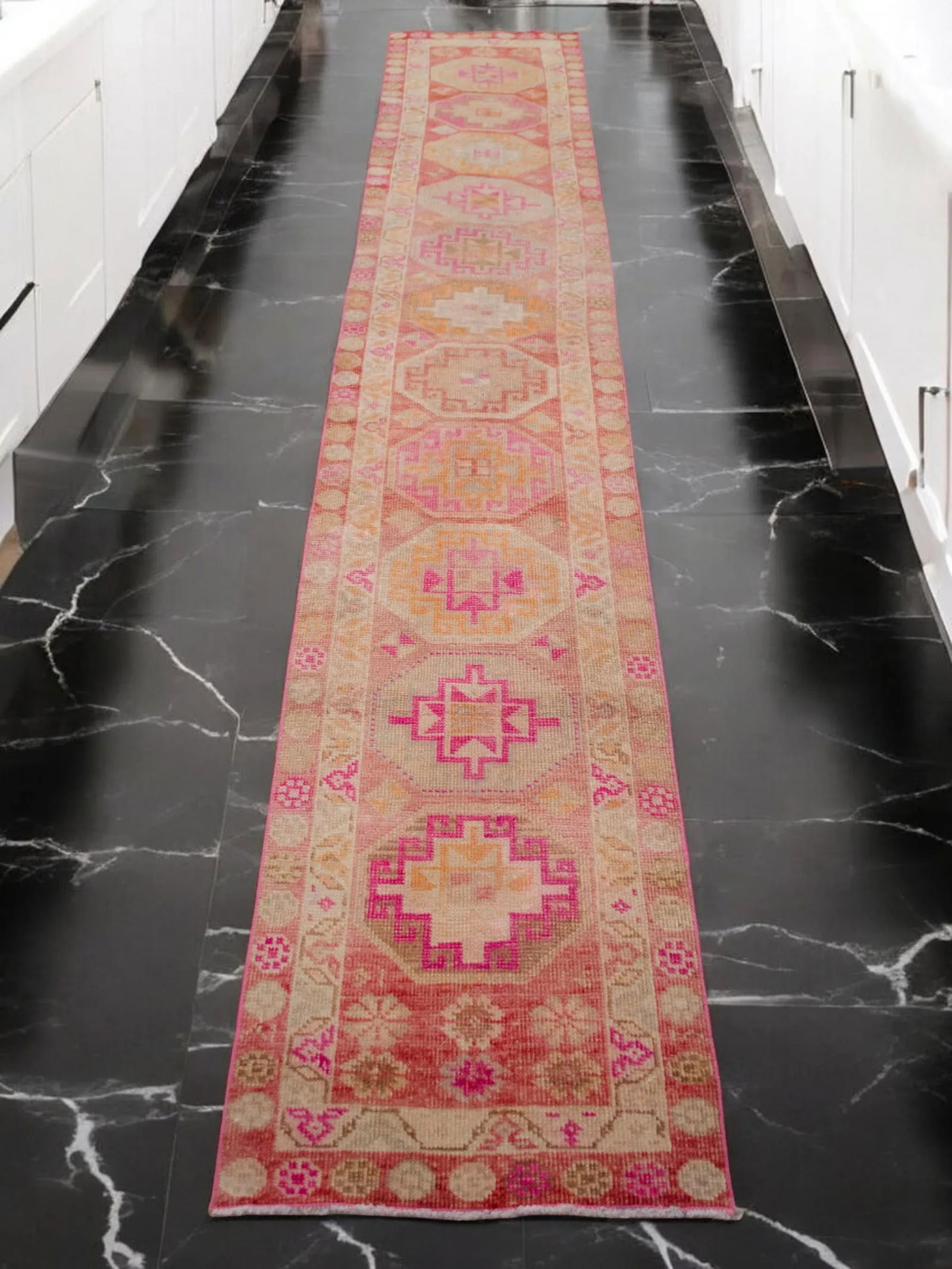 1960s Hand-Knotted Turkish Kurdish Rug Pink Runner. Low Pile Tribal Hallway Rug 2"²3"³ - 2