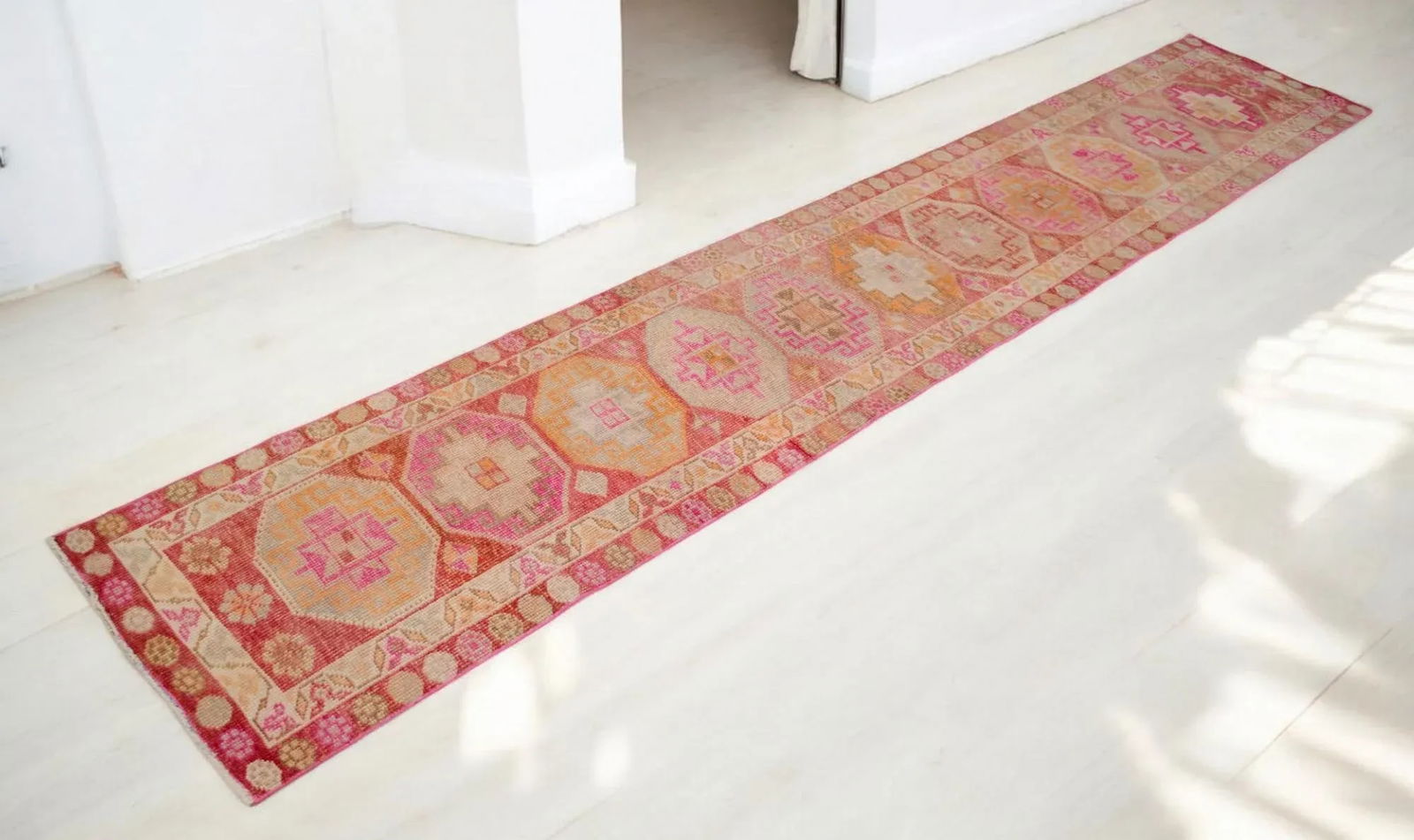 1960s Hand-Knotted Turkish Kurdish Rug Pink Runner. Low Pile Tribal Hallway Rug 2"²3"³ - 3