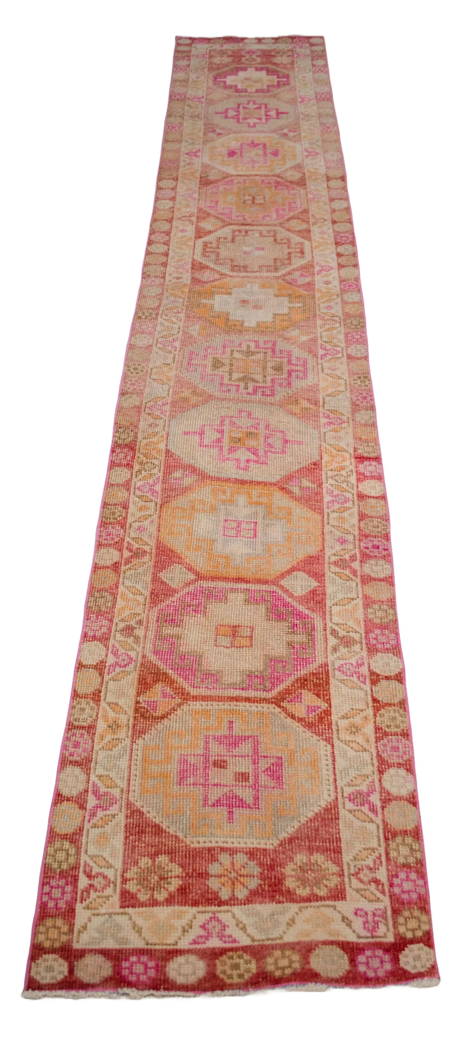 1960s Hand-Knotted Turkish Kurdish Rug Pink Runner. Low Pile Tribal Hallway Rug 2"²3"³ - 4