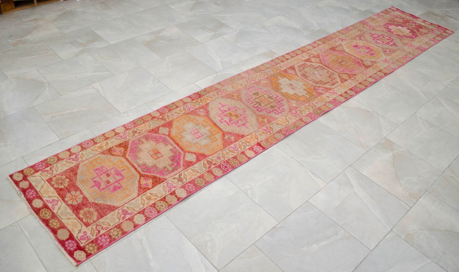 1960s Hand-Knotted Turkish Kurdish Rug Pink Runner. Low Pile Tribal Hallway Rug 2"²3"³ - 7