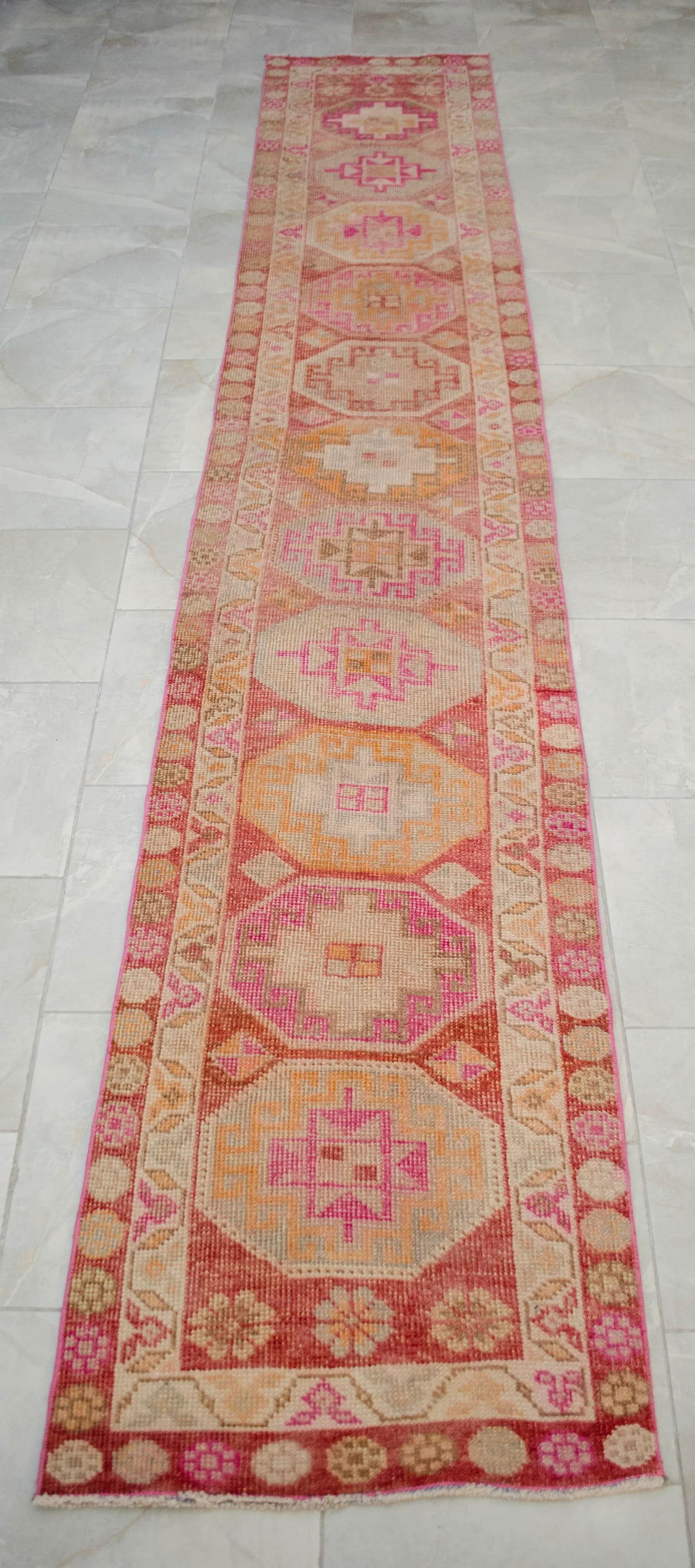 1960s Hand-Knotted Turkish Kurdish Rug Pink Runner. Low Pile Tribal Hallway Rug 2"²3"³ - 8