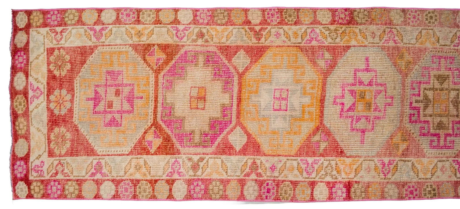 1960s Hand-Knotted Turkish Kurdish Rug Pink Runner. Low Pile Tribal Hallway Rug 2"²3"³ - 9