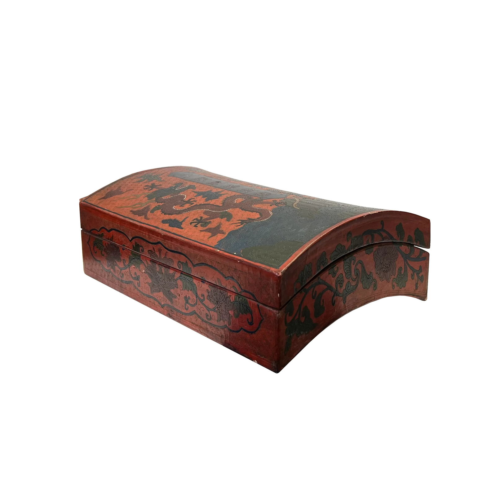 Chinese Distressed Brick Red Dragons Graphic Rectangular Shape Box - 3