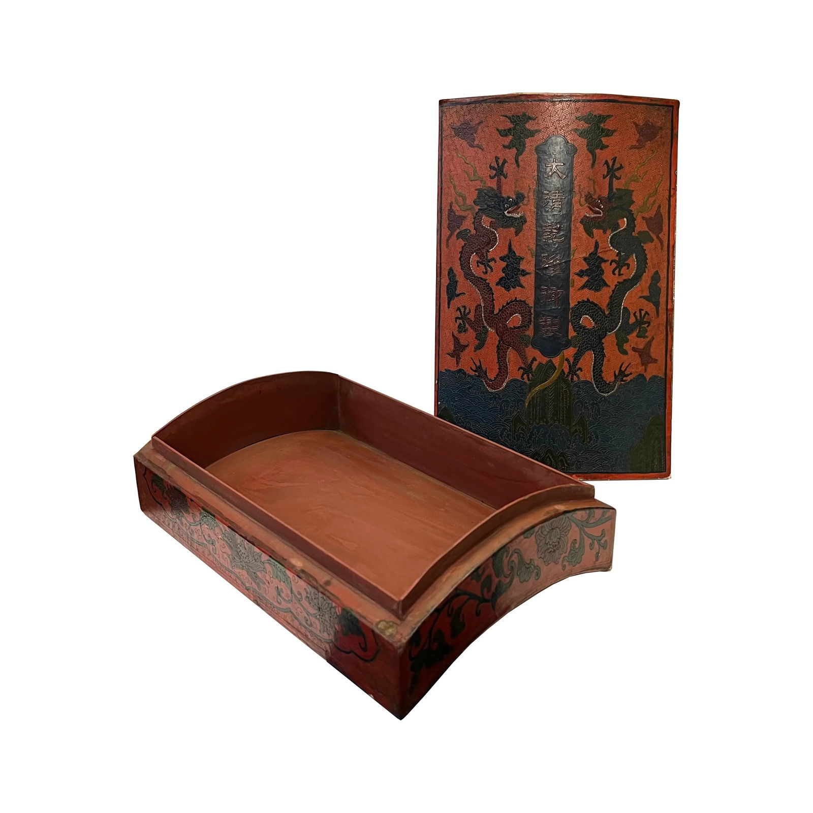 Chinese Distressed Brick Red Dragons Graphic Rectangular Shape Box - 4