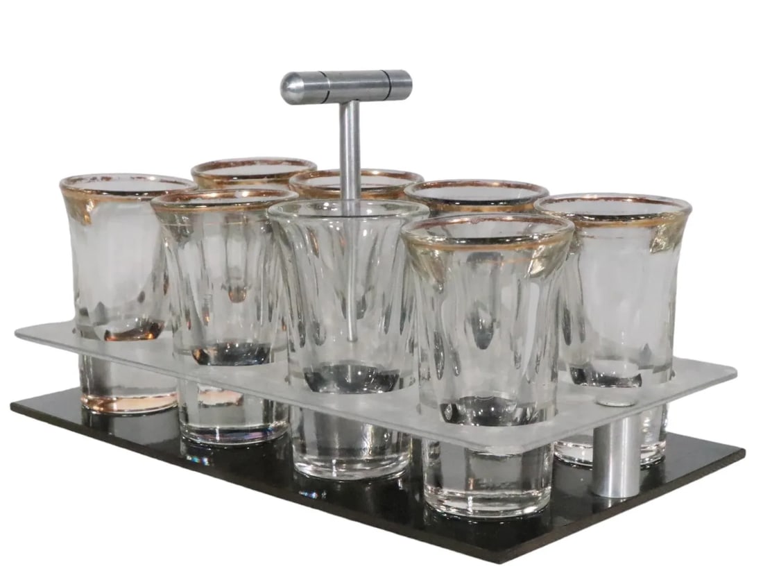 Art Deco Machine Age Shot Glass Drink Caddy Set - 6