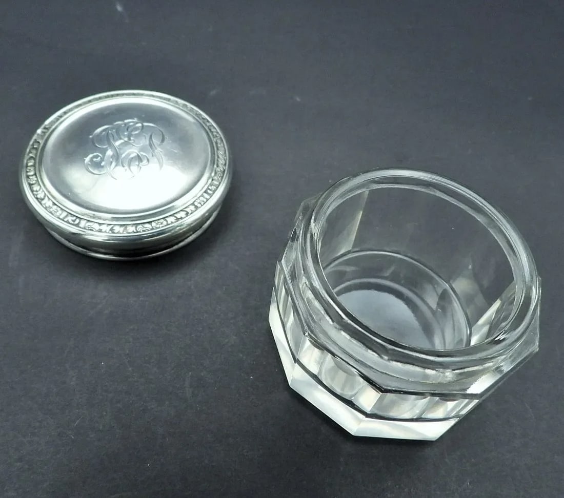 1920s Antique Sterling Silver Cut Crystal Art Deco R. Blackinton Co Rouge Jar - 4