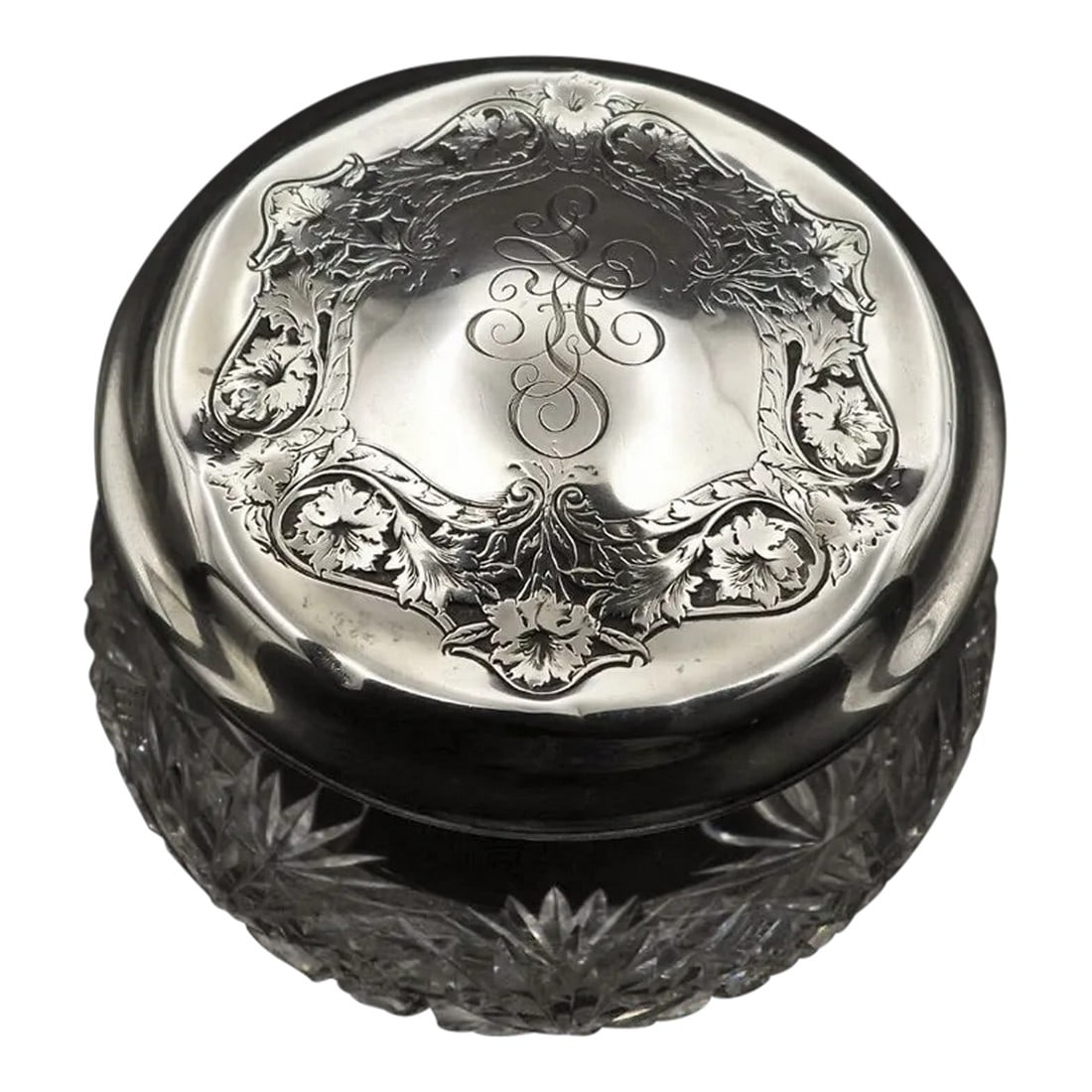 Late 19th Century Antique Wallace Sterling Silver Crystal Daisy Pattern Powder Jar: This marvelous boudoir powder jar or jewelry box is created in gorgeous sterling silver and cut crystal and was made by R. Wallace & Sons silversmiths. The beautiful sterling silver top has a
