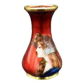 Antique French Enamel Hand Painted Renaissance Woman Miniature Portrait Vase Signed M Corus 1900