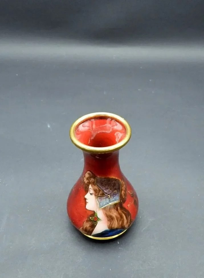 Antique French Enamel Hand Painted Renaissance Woman Miniature Portrait Vase Signed M Corus 1900 - 2