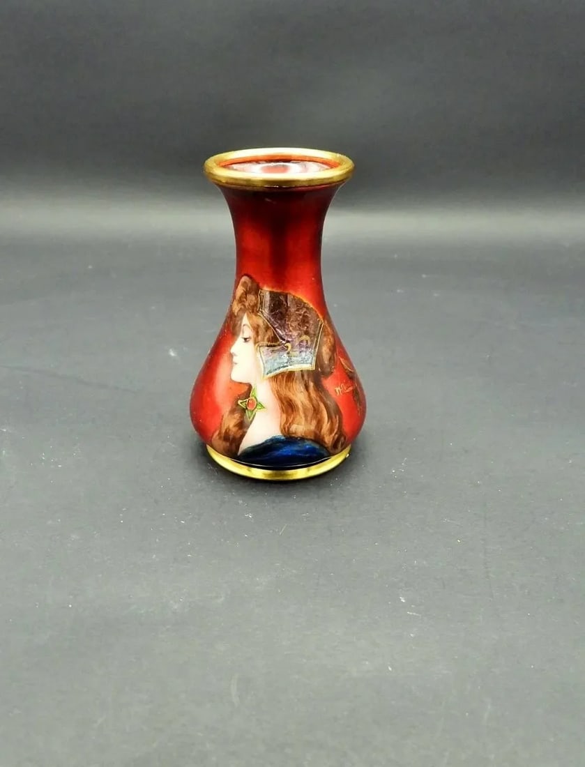 Antique French Enamel Hand Painted Renaissance Woman Miniature Portrait Vase Signed M Corus 1900 - 3