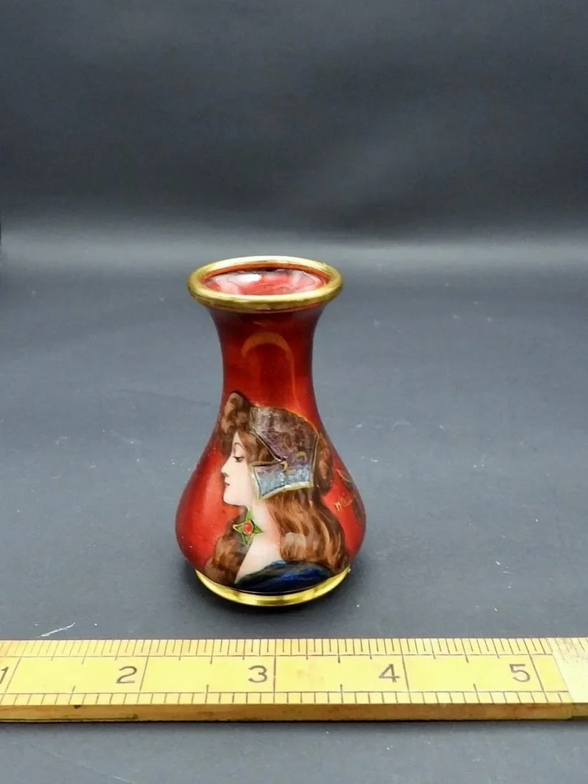 Antique French Enamel Hand Painted Renaissance Woman Miniature Portrait Vase Signed M Corus 1900 - 4