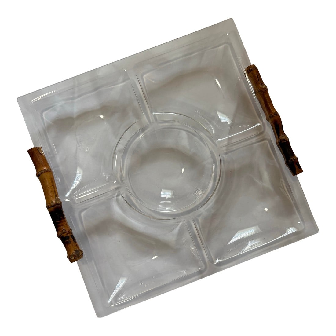 Vintage 1960s Hollywood Regency Mid Century Bamboo and Lucite Serving Tray Platter: This is a really nice vintage 1960s Mid Century Hollywood Regency Lucite divided serving tray with natural bamboo handles. The lucite is clear but has some scratches on the bottom due to age and use.