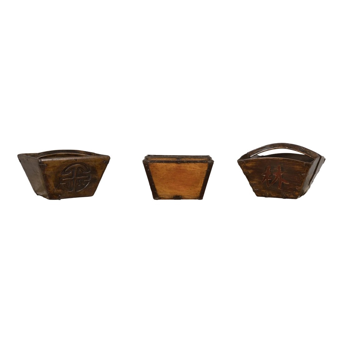 Vintage Chinese Wooden Rice Measure Basket: A set of three Chinese rice measure baskets from the mid 20th century with brown color. Elevate your decor with the enchanting allure of history and rustic charm as you bring home this set of three