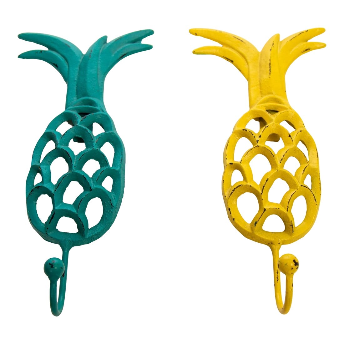 Vintage Cast Iron Tropical Yellow and Green Pineapple Coat Hook: Vintage Cast Iron Yellow and Green Pineapple Coat Hooks. Large vintage rustic wall mounted coat or bag hangers pineapple form cast iron hook set. Tropical Beach House style these are cast iron, wall