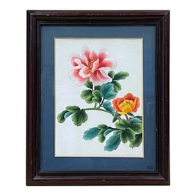 Oriental Chinese Peony Flower Embroidery Framed Wall Decor