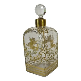 Antique Liquor Bottle or Wine Decanter Hand Blown Gold Leaf Painted Decorative