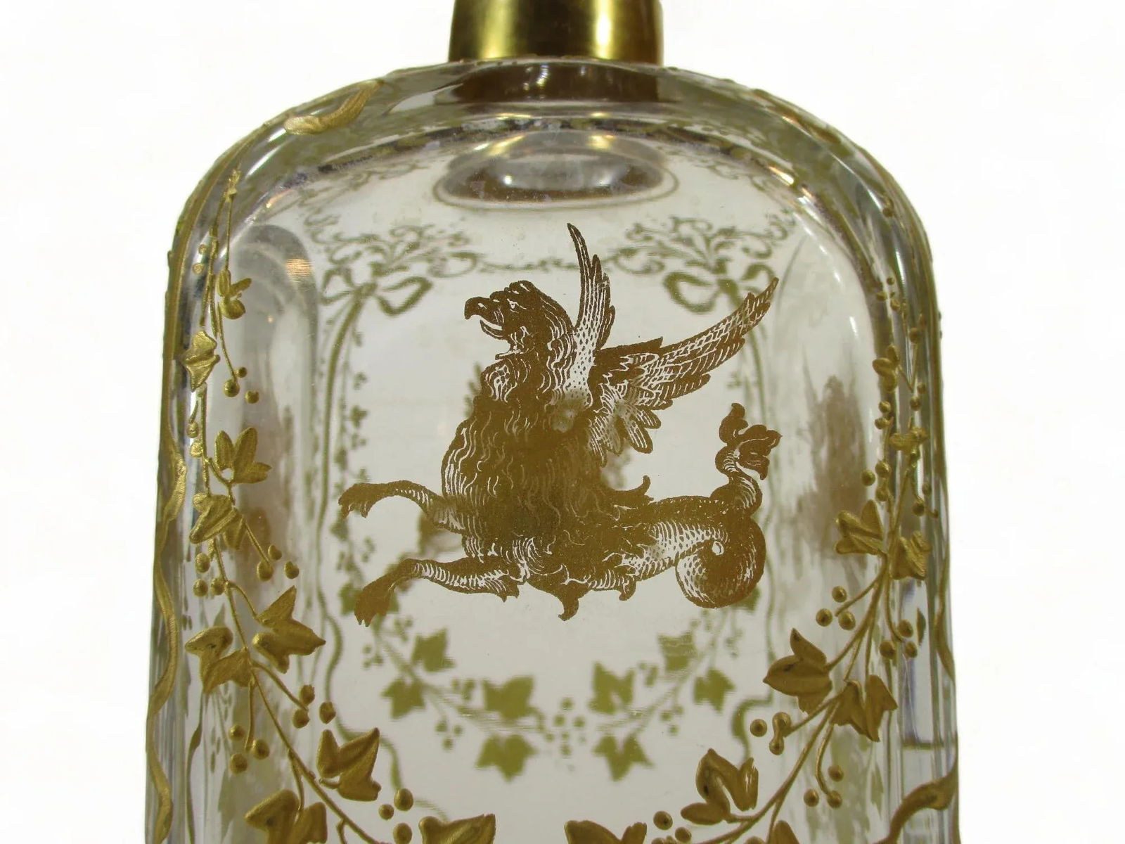 Antique Liquor Bottle or Wine Decanter Hand Blown Gold Leaf Painted Decorative - 5