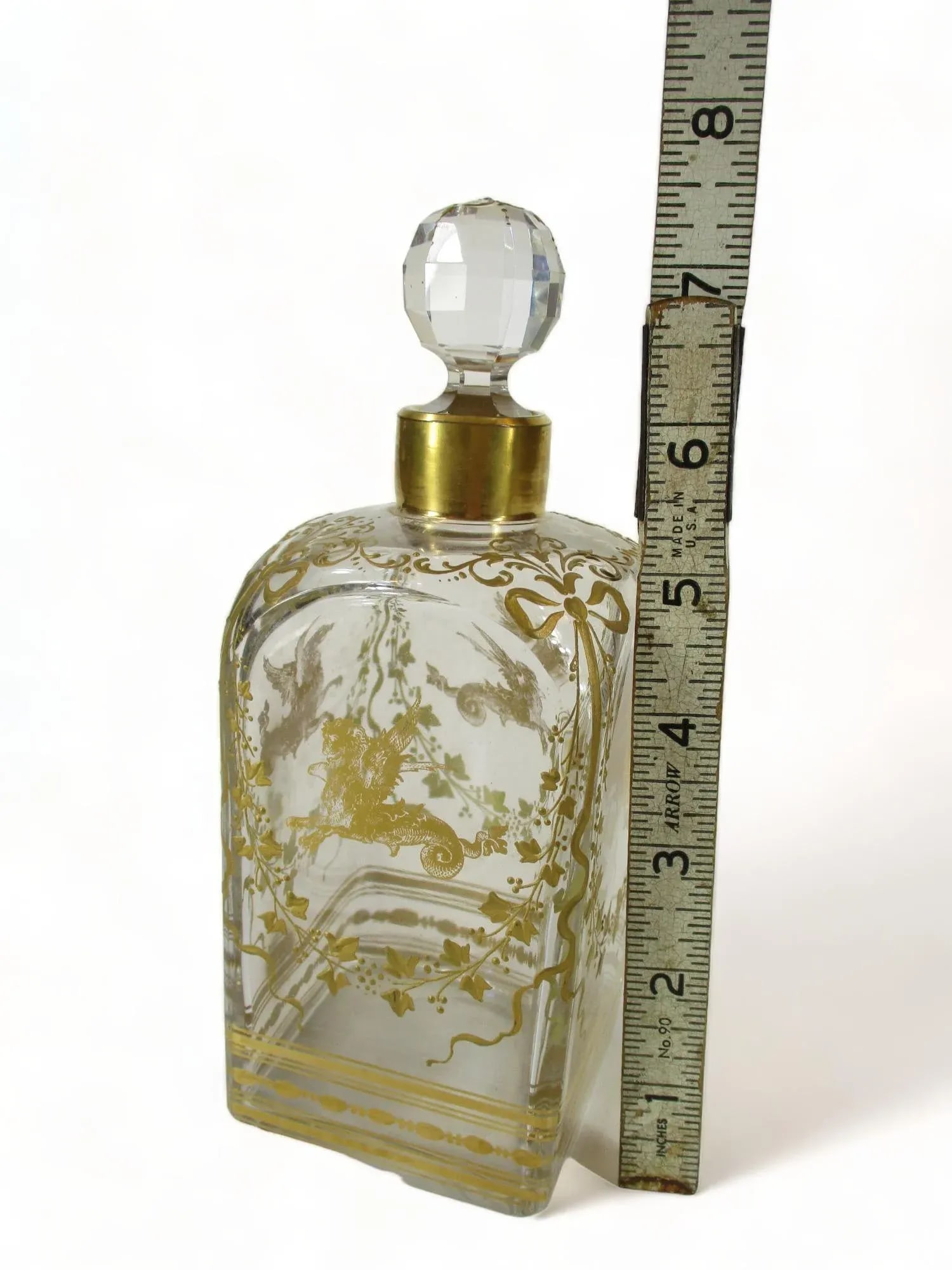 Antique Liquor Bottle or Wine Decanter Hand Blown Gold Leaf Painted Decorative - 7