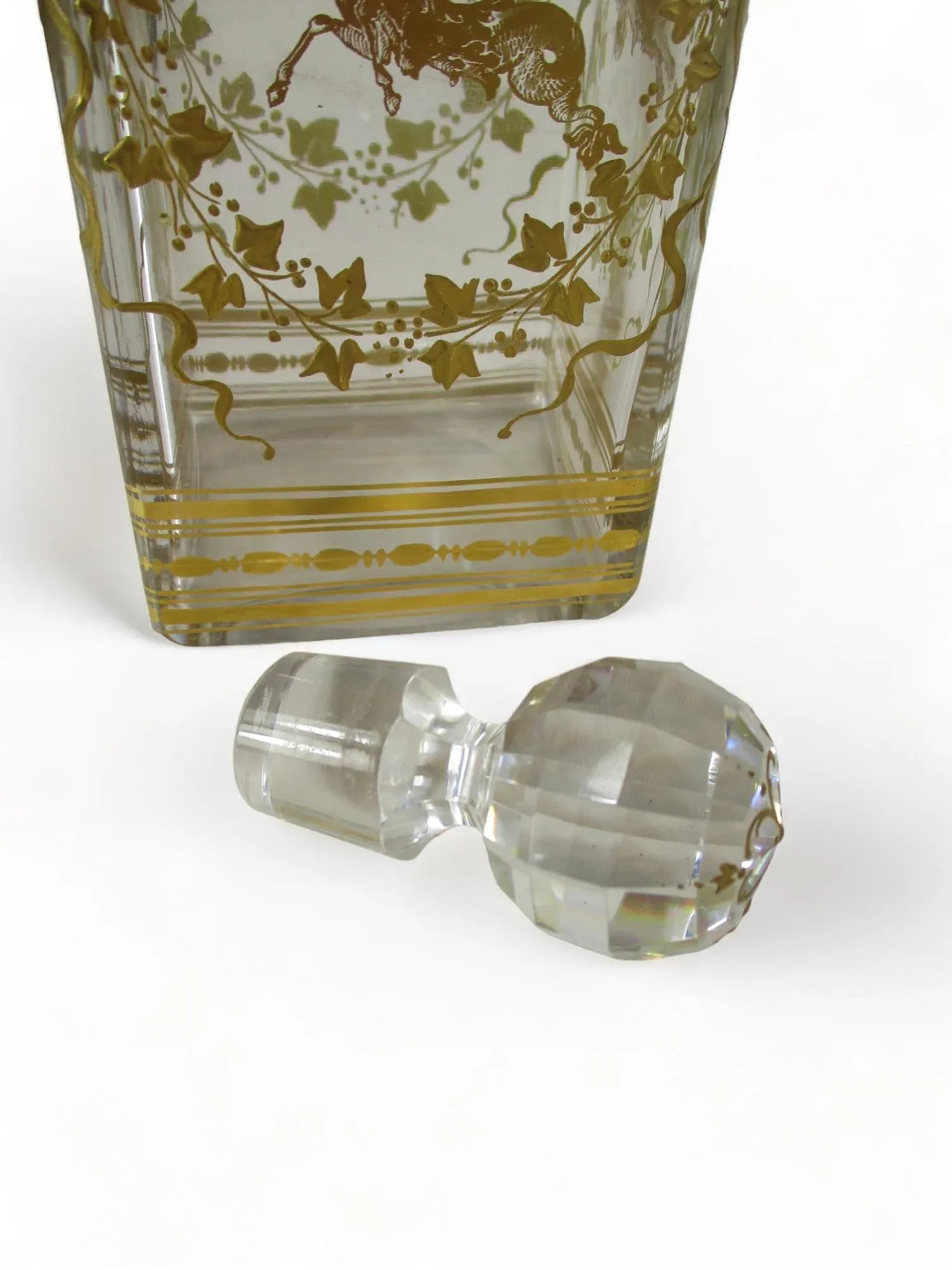 Antique Liquor Bottle or Wine Decanter Hand Blown Gold Leaf Painted Decorative - 9