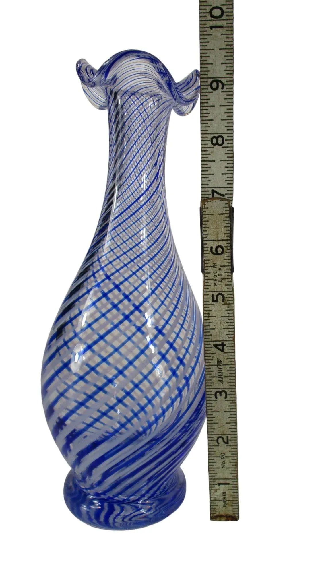 Late 20th Century Turkish Pasabahce Blue Spiral Pattern Ruffle Top Vase - 10