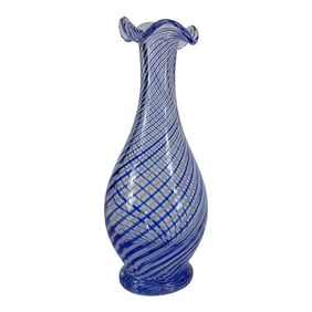 Late 20th Century Turkish Pasabahce Blue Spiral Pattern Ruffle Top Vase