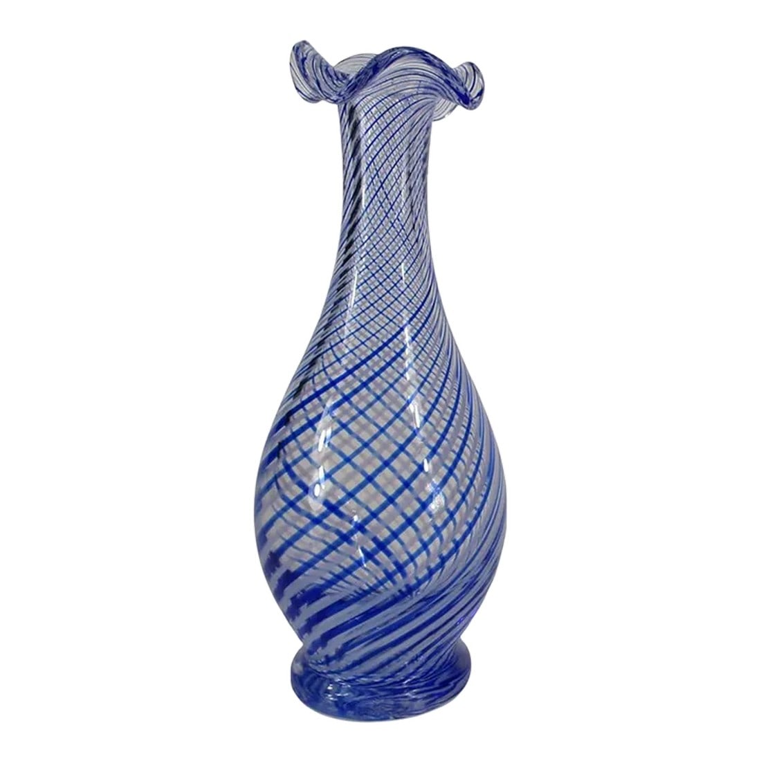 Late 20th Century Turkish Pasabahce Blue Spiral Pattern Ruffle Top Vase: Vintage Turkish Pasabahce Blue Spiral Pattern Ruffle Top Vase. This beautiful hand-blown swirls of a very fine blue and white lines in clear glass with applied pad foot that gives weight to the