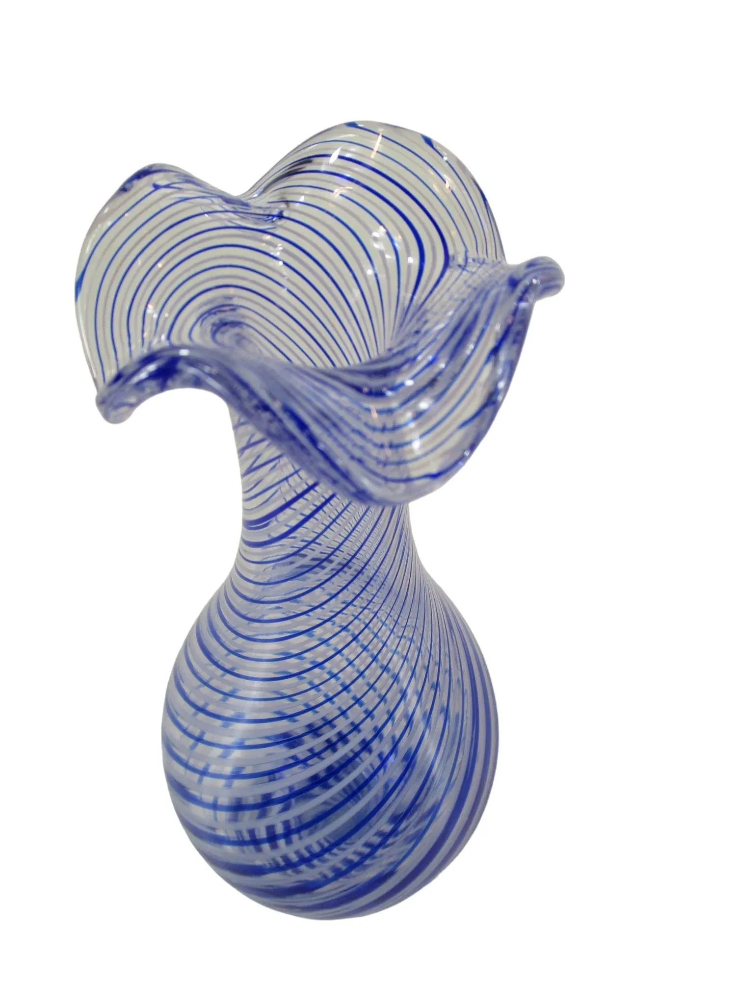 Late 20th Century Turkish Pasabahce Blue Spiral Pattern Ruffle Top Vase - 5