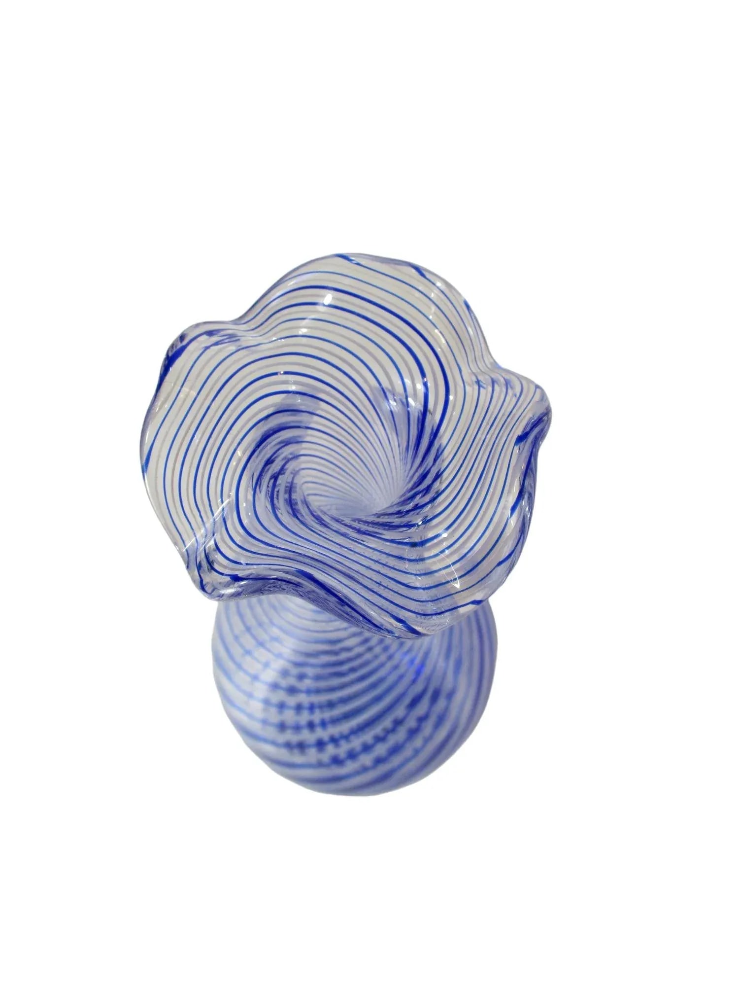 Late 20th Century Turkish Pasabahce Blue Spiral Pattern Ruffle Top Vase - 6