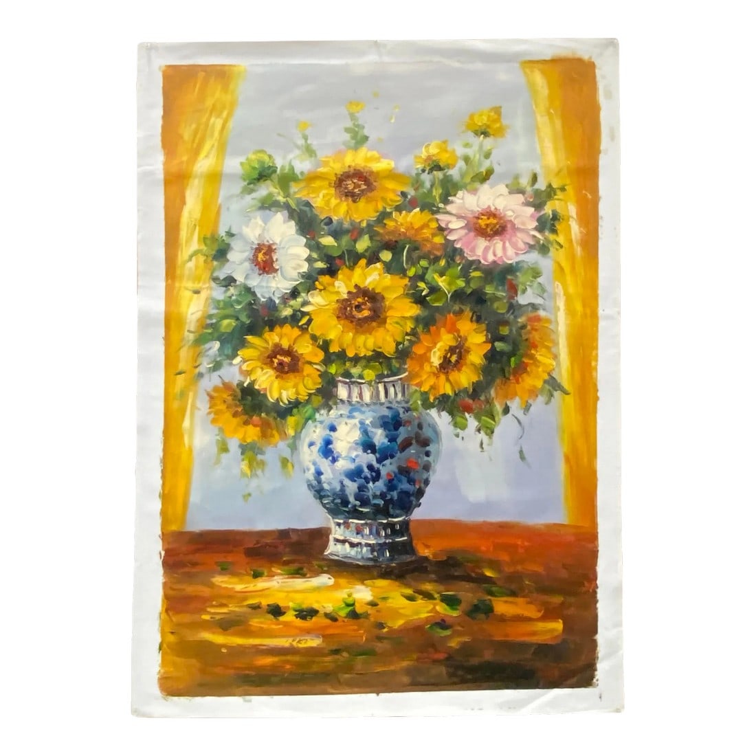 Impasto Oil Paint Canvas Art Sunflowers Bw Vase Scroll Painting: Experience the vivid beauty of our Impasto Oil Paint Canvas Art featuring a breathtaking depiction of delicate Sunflower Flowers in a charming blue white Vase. This exquisite Scroll Painting captures