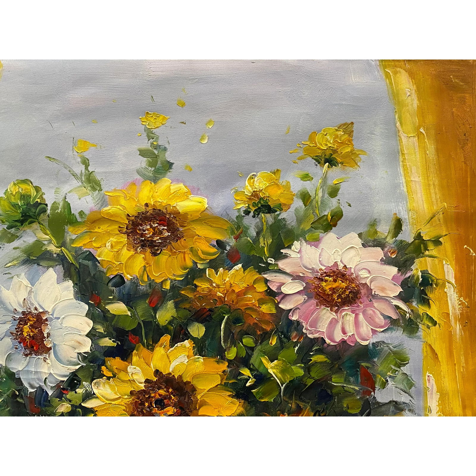 Impasto Oil Paint Canvas Art Sunflowers Bw Vase Scroll Painting - 3
