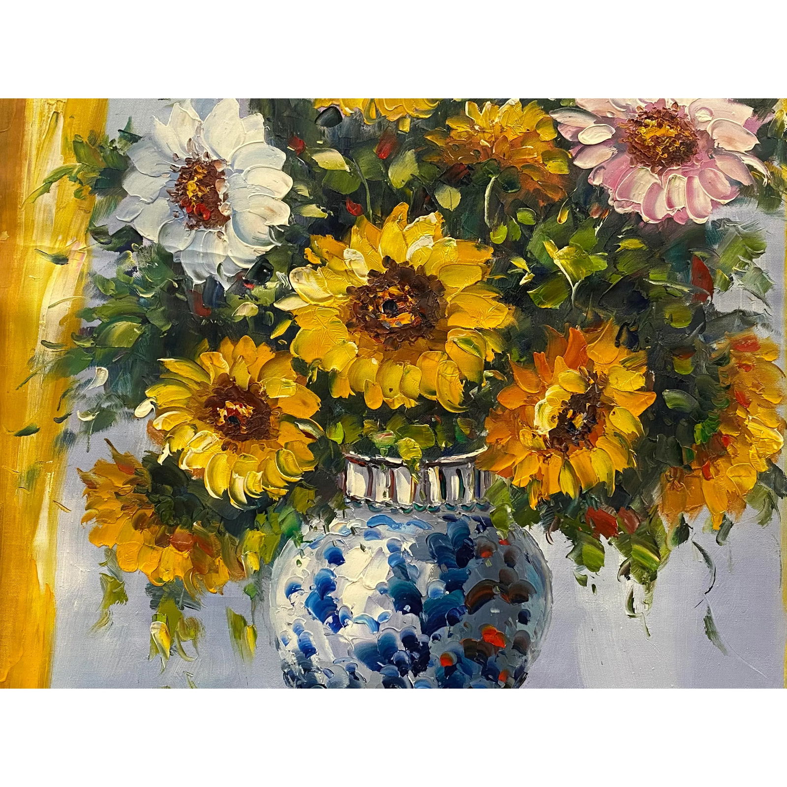 Impasto Oil Paint Canvas Art Sunflowers Bw Vase Scroll Painting - 4