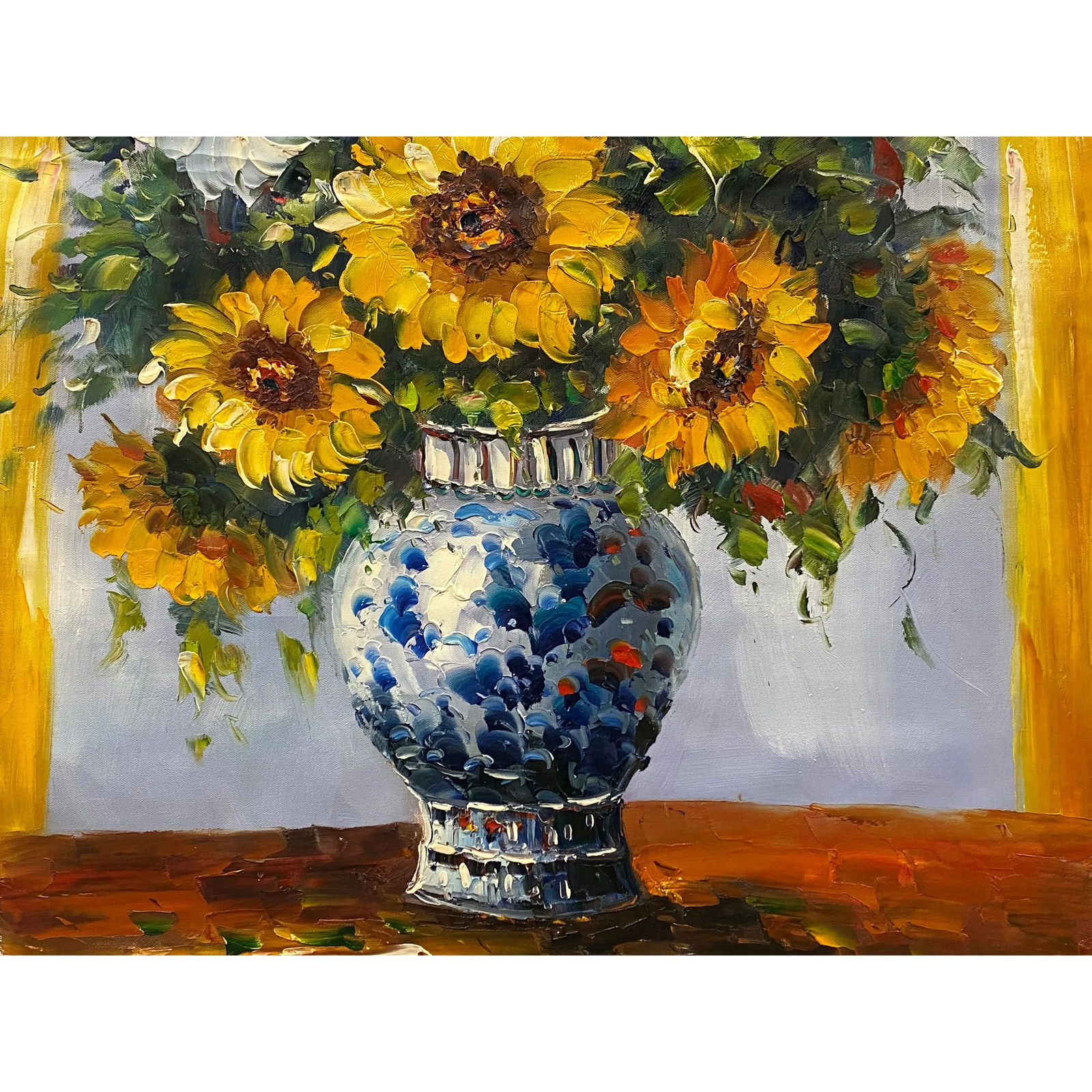 Impasto Oil Paint Canvas Art Sunflowers Bw Vase Scroll Painting - 5