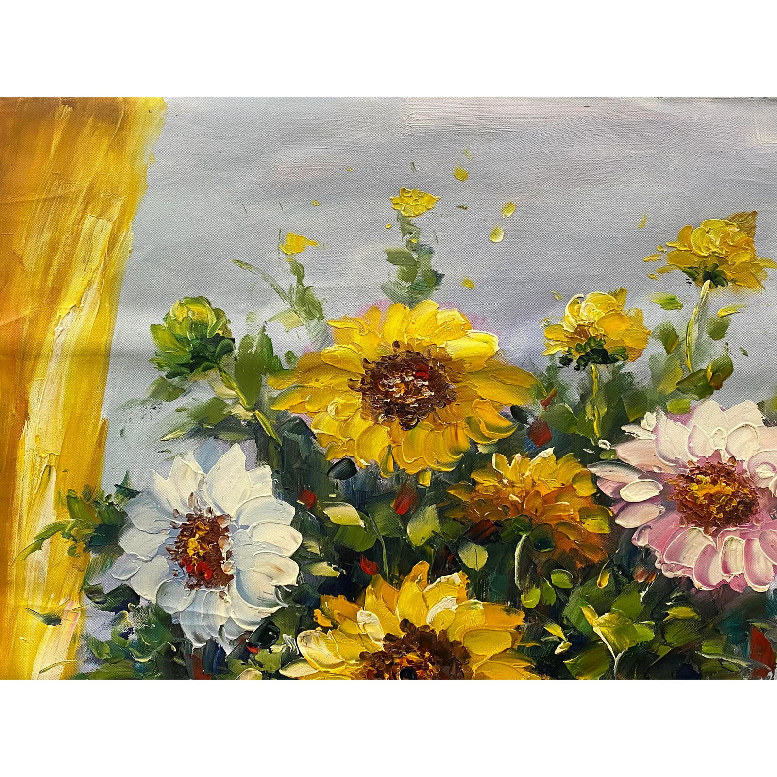 Impasto Oil Paint Canvas Art Sunflowers Bw Vase Scroll Painting - 6