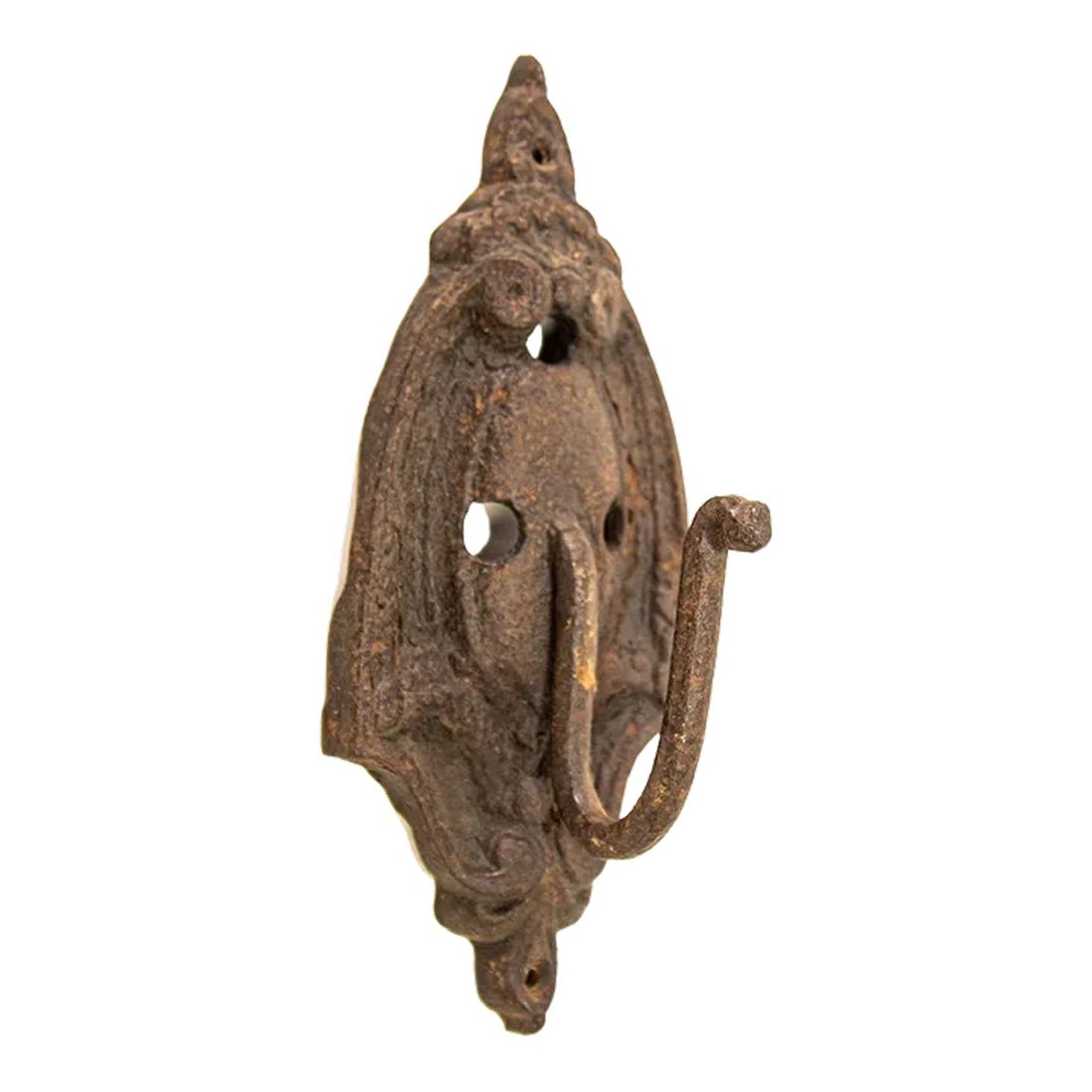 Antique Cast Iron Metal Wall Coat Hook: Antique Cast Iron Metal Wall Coat Hook Hanger Hardware. This is a very unique style for a wall coat hook. It is supported by an ornate back plate which is 10" tall by 4 1/4" wide and has 5 holes. Meas